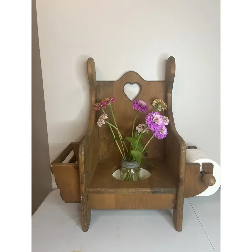 Vintage Wooden Heart Cutout Potty Training Chair Removable Bowl